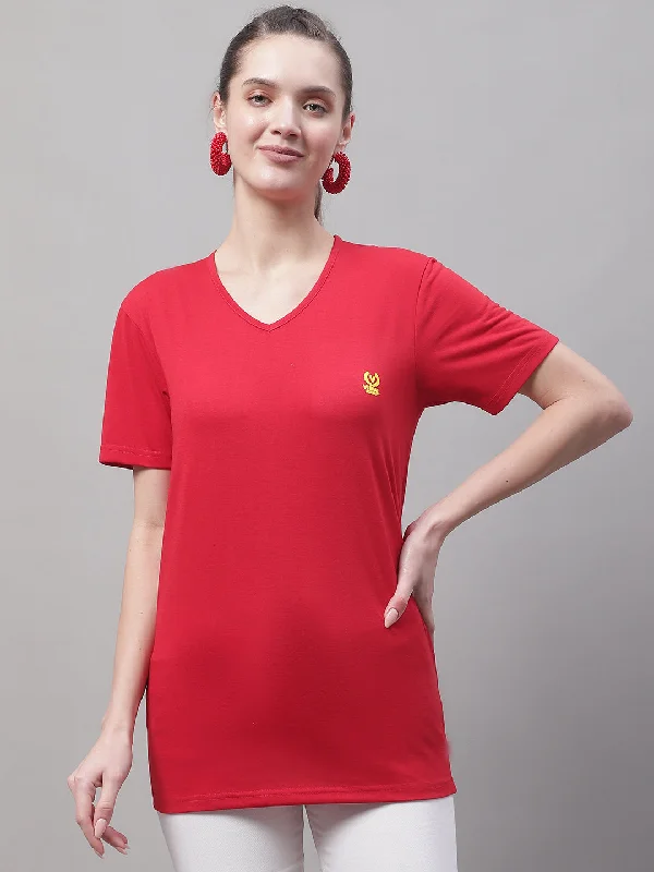 Women’s cami tops for warm weather -Vimal Jonney V Neck Cotton Solid Red T-Shirt for Women