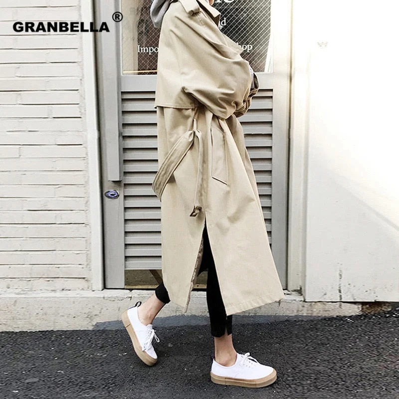 Women’s statement jackets for standout fashion -Spring Autumn New Women's Casual Trench Coat Oversize Double Breasted Vintage Outwear Sashes Chic Cloak Female Windbreaker