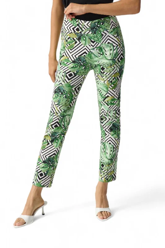 Women’s velvet pants for luxurious feel -Palm Print Capris Pant In Vanilla/multi