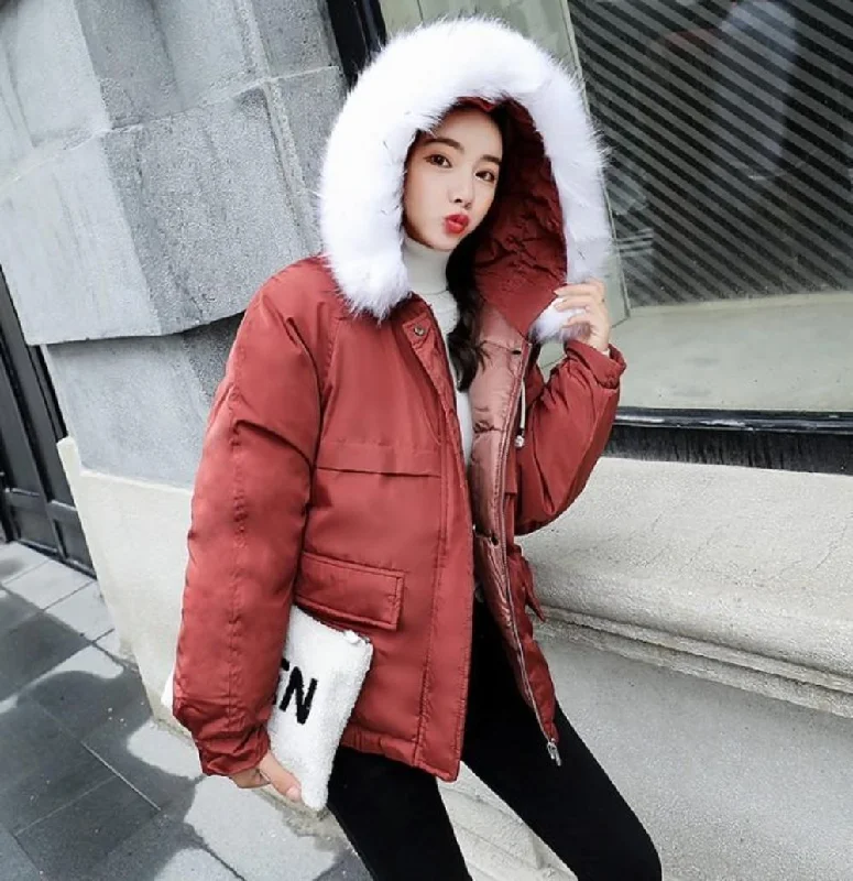 Women’s button-down jackets for chic layering -Womens Winter Short Puffy Coat with Hood in Red