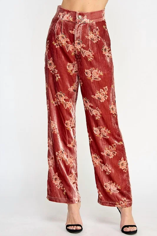 Women’s flowy pants for boho chic style -Women's Floral Velvet Trousers In Red