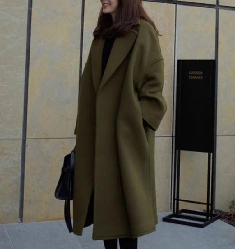 Women’s winter coats for snow season -Womens Army Green Relaxed Fit Fall Overcoat