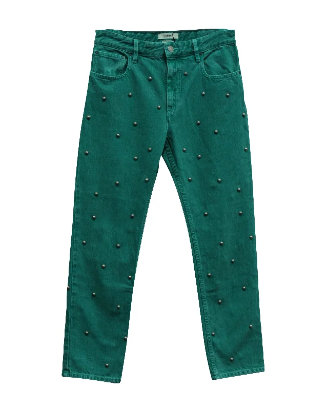 Women’s satin pants for luxurious comfort -Isabel Marant Etoile Pearl Studded Jeans in Green Cotton