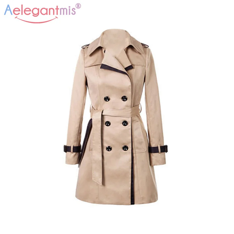 Women’s casual jackets for everyday style -Aelegantmis 2018 Autumn Women Double Breasted Long Trench Coat Khaki With Belt Classic Casual Office Lady Business Outwear Fall