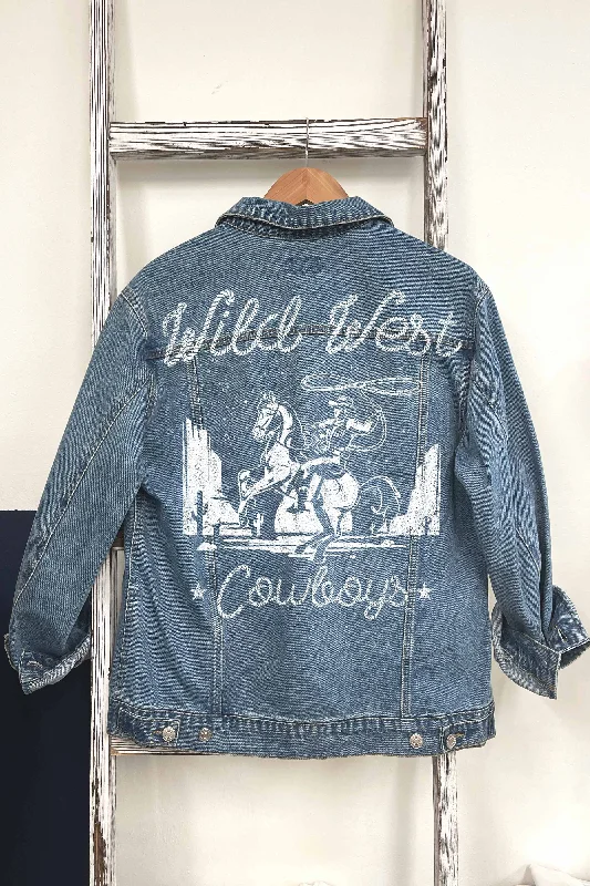 Women’s stylish fall jackets for layering in autumn -WILD WEST COWBOYS GRAPHIC DENIM JACKET