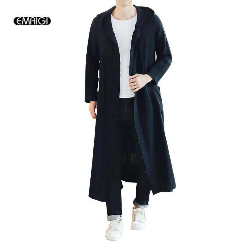 Women’s reversible jackets for versatile styling -Men Long Casual Hooded Trench Coat Spring Autumn Male Loose Hoody Cardigan Jacket Outerwear Overcoat