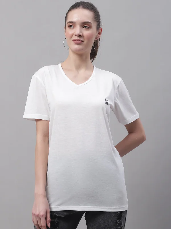 Women’s maternity tank tops for stylish comfort -Vimal Jonney V Neck Cotton Solid White T-Shirt for Women