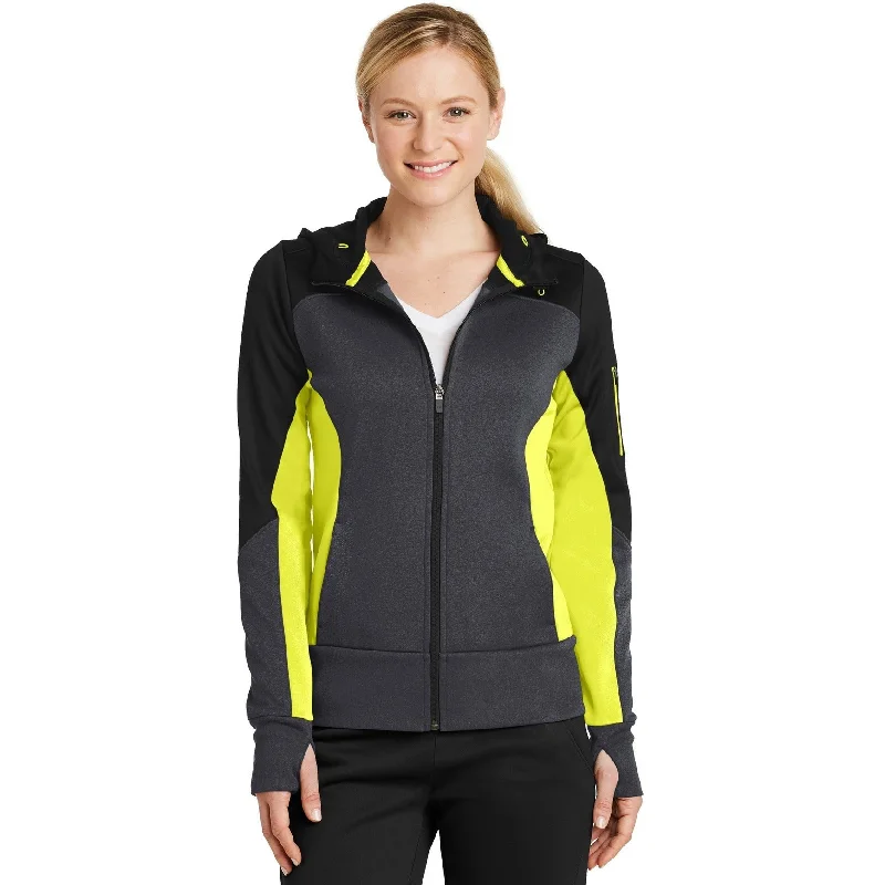 Women’s cropped jackets for stylish proportion -CLOSEOUT - Sport-Tek Ladies Tech Fleece Colorblock Full-Zip Hooded Jacket