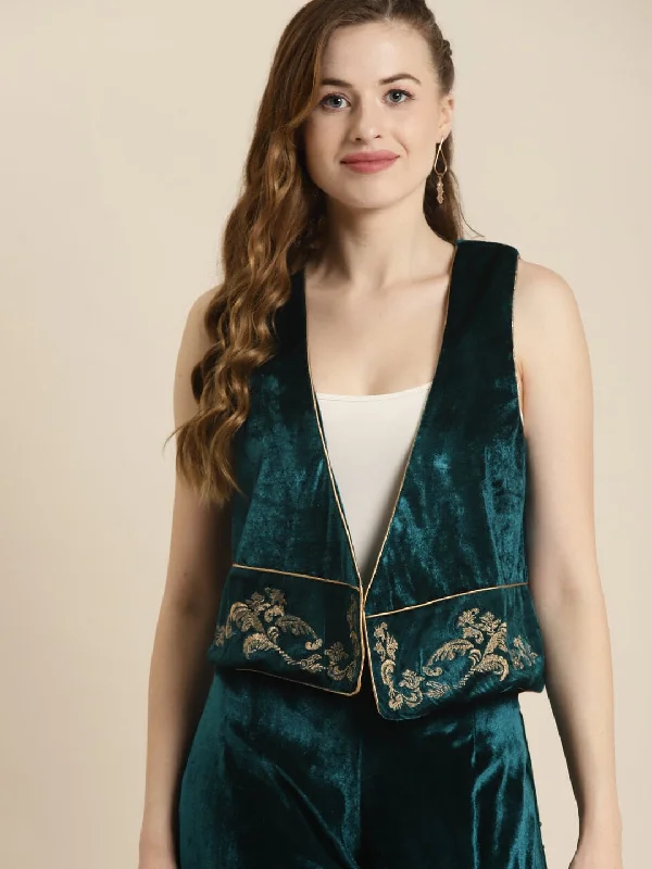 Women’s belted trench coats for feminine style -Teal Embroidered Velvet Waistcoat