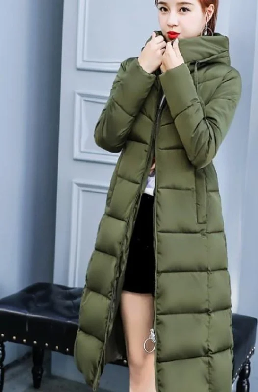 Women’s pea coats for nautical-inspired fashion -Womens Puffer Hooded Long Coat in Army Green