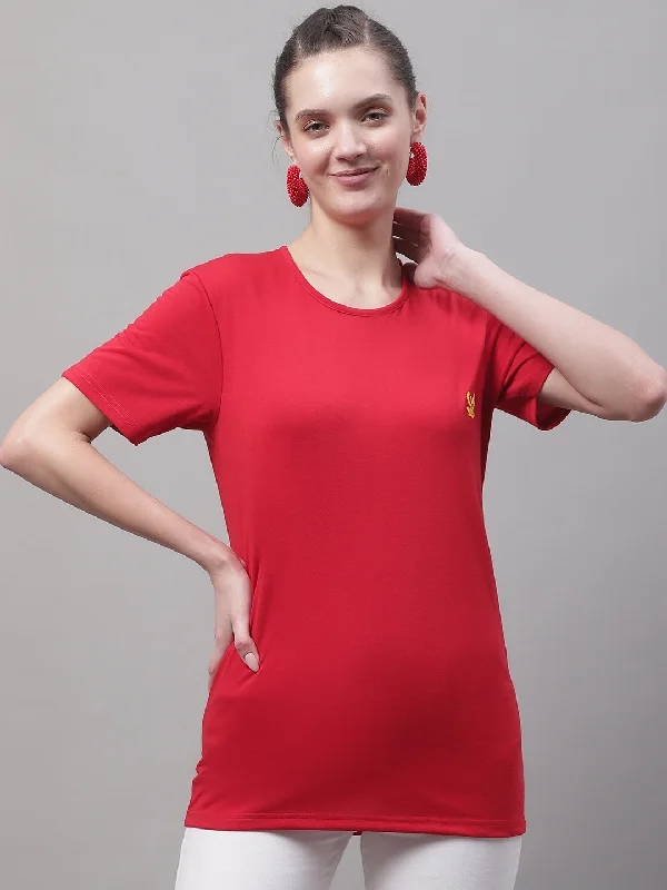 Women’s tank tops with lace for added detail -Vimal Jonney Round Neck Cotton Solid Red T-Shirt for Women