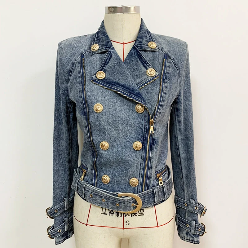 Women’s short jackets for trendy outfits -European And American New Spring 2022 Women's Slim-fitting Jacket Double-breasted Zipper Oblique Denim Motorcycle Jacket