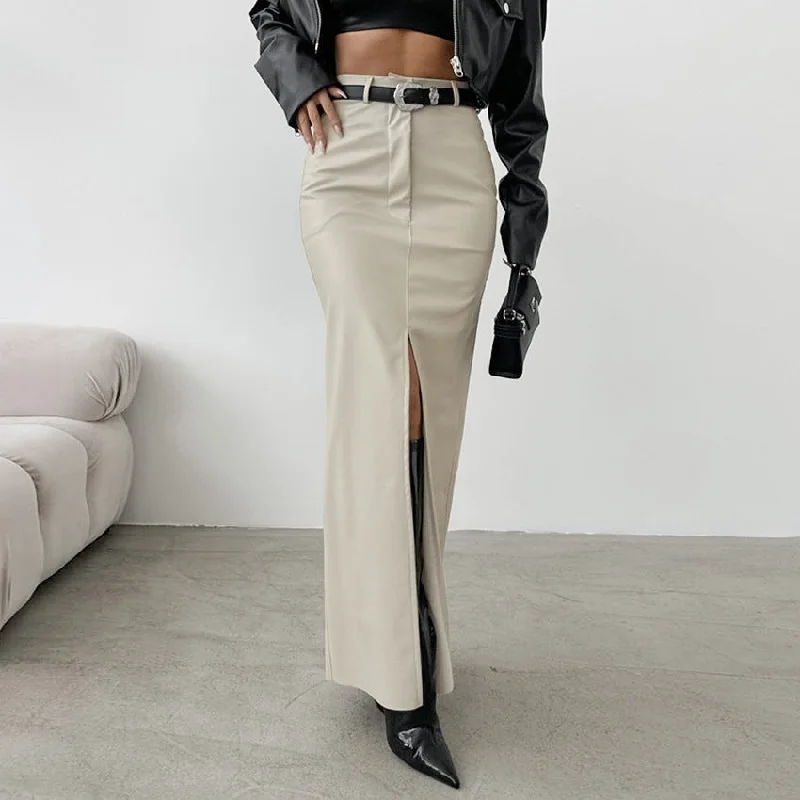 Women’s shearling jackets for winter warmth -Fleece Lined Matte Leather High Waist Slit Straight Skirt