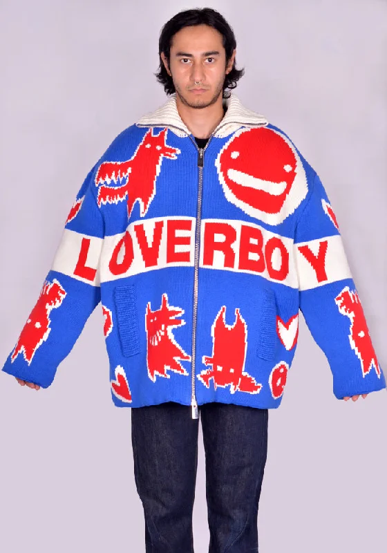 Women’s bomber jackets for casual chic -CHARLES JEFFREY LOVERBOY 042010601 KNITTED PUFFER JACKET UNISEX BLUE/RED (New season FW24)