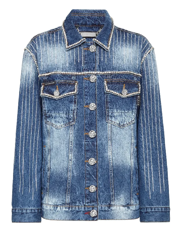 Women’s plaid blazer jackets for polished look -Denim Jacket Crystal Fringe