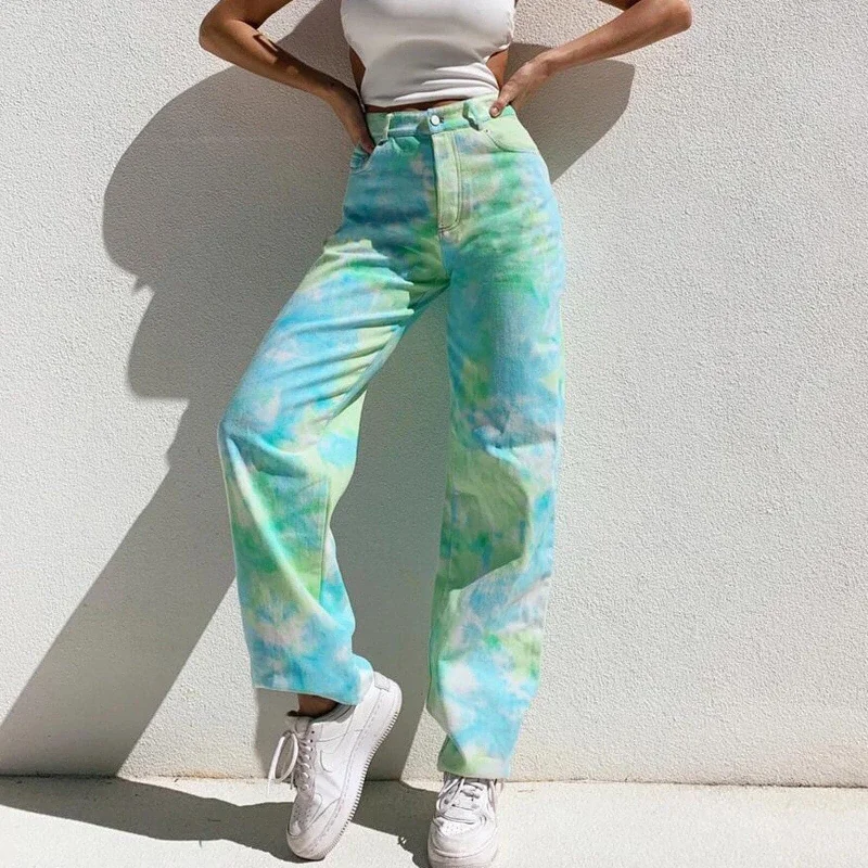 Women’s cropped pants for stylish look -DressBetty - Streetwear Summer Rainbow Tie Dye Printed Jeans High Waist Straight Gradient Loose Denim Pants Y2K Wide Leg Jean Denim Trousers