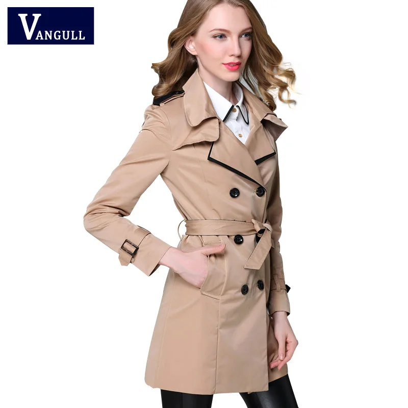 Women’s leather jackets for edgy style -VANGULL 2017 New Fashion Designer Brand Classic European Trench Coat khaki Black Double Breasted Women Pea Coat real photos