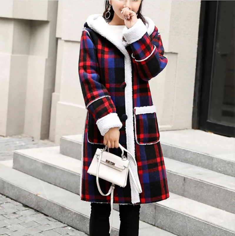 Women’s oversized jackets for relaxed fit -Womens Checkered Coat With Hood