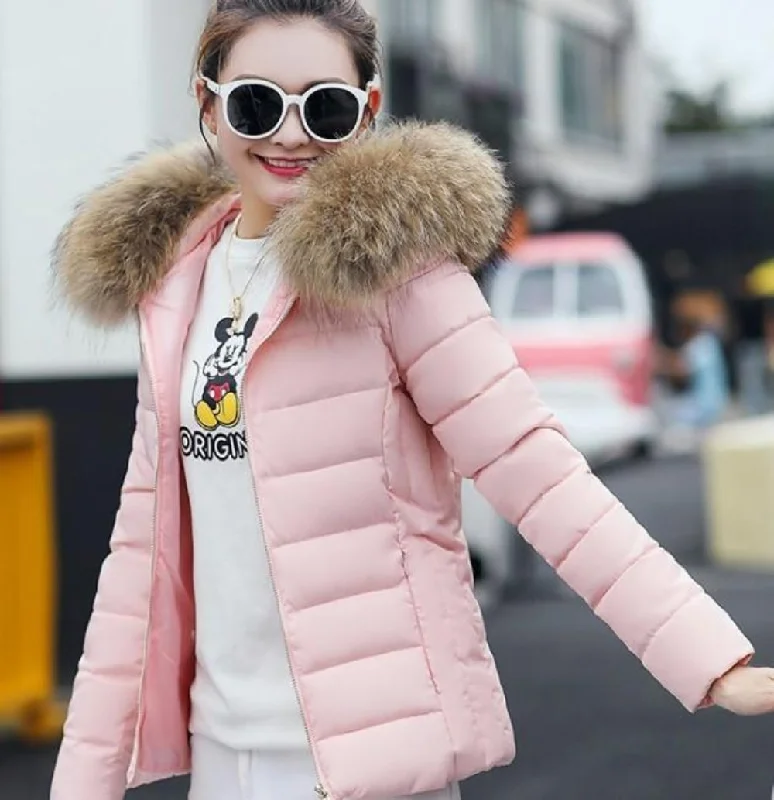 Women’s faux fur jackets for cruelty-free warmth -Womens  Hooded Slim Fit Winter Zip Up Short Coat in Pink