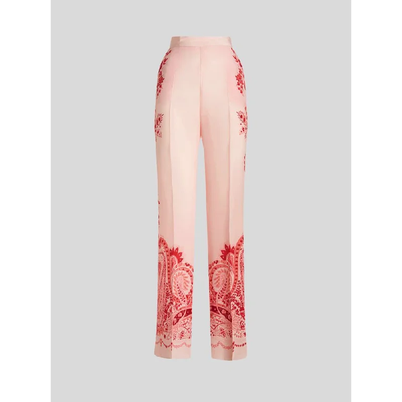 Women’s sleek leather trousers for night out -Silk Trousers With Placed Flower Print