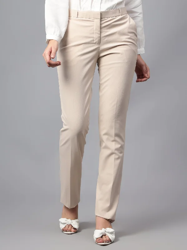 Women’s drawstring pants for laid-back style -Women's Formal Flat Front Beige Full length Mid rise Trousers