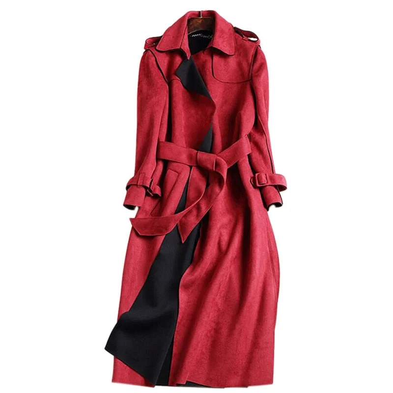 Women’s zippered fleece jackets for warmth -2018 New Autumn Suede Trench Coat Women Abrigo Mujer Long Elegant Outwear Female Overcoat Slim Red Suede Cardigan Trench C3487