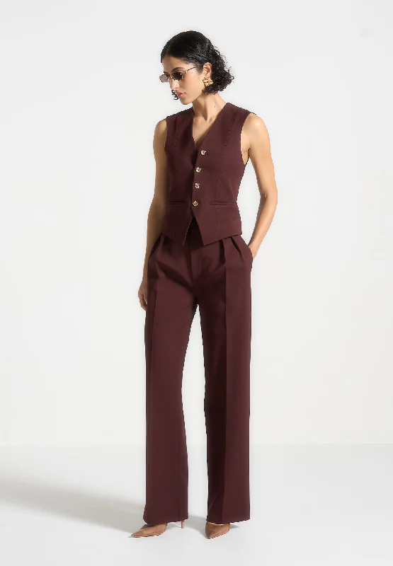 Women’s wide-leg trousers for professional look -Tailored Twin Pleat Trousers - Wine Red