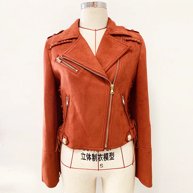 Women’s slim-fit jackets for tailored look -High quality fashion solid color women's riding jacket flow women suede jacket motorcycle jacket