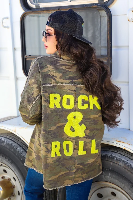 Women’s leather jackets for edgy style -CAMO ROCK & ROLL JACKET