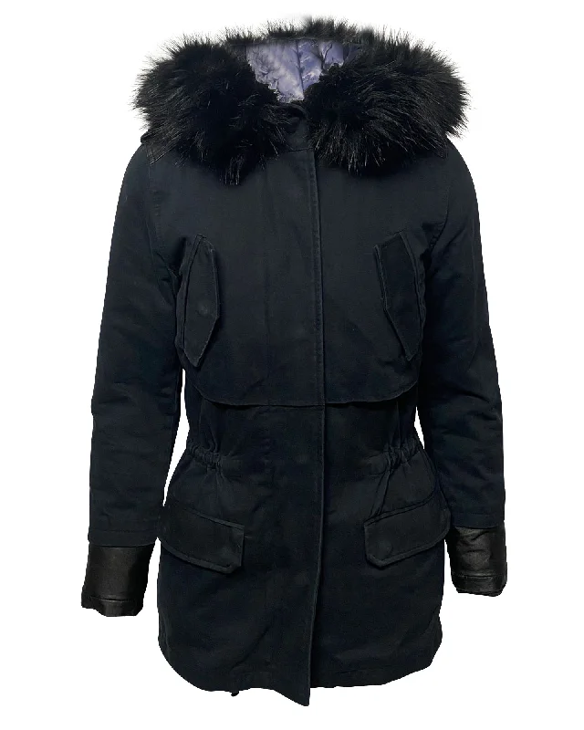 Women’s military blazers for stylish uniform look -Maje Long Down Jacket with Fur Trim Hoodie in Blue Nylon