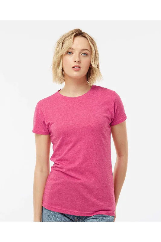 Women’s blouse tops with ruffles for added style -Tultex Womens Poly-Rich Short Sleeve Crewneck T-Shirt - Heather Fuchsia Pink