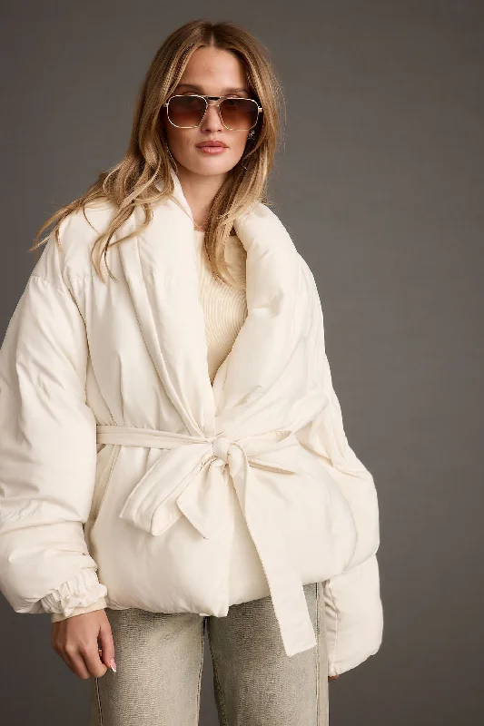 Women’s casual zip-up jackets for everyday wear -Maverick White Belted Puffer Coat