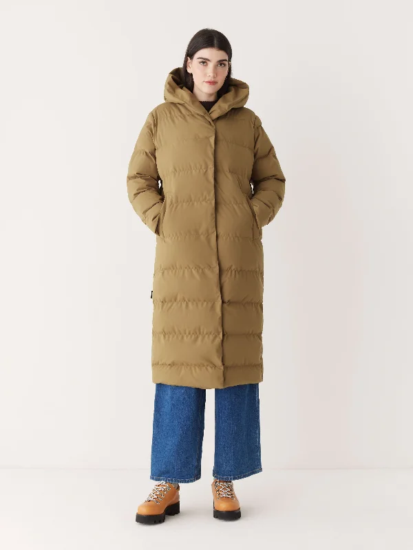 Women’s wool coats for winter elegance -The Highland Long Puffer Coat in Amber Brown