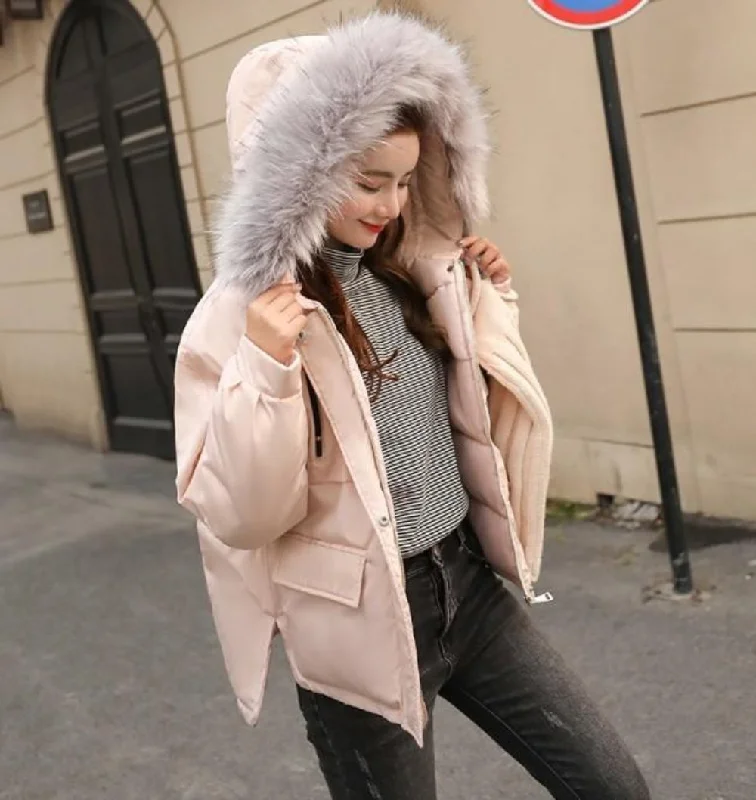 Women’s cocoon jackets for oversized look -Womens Winter Short Puffy Coat with Hood in Pink