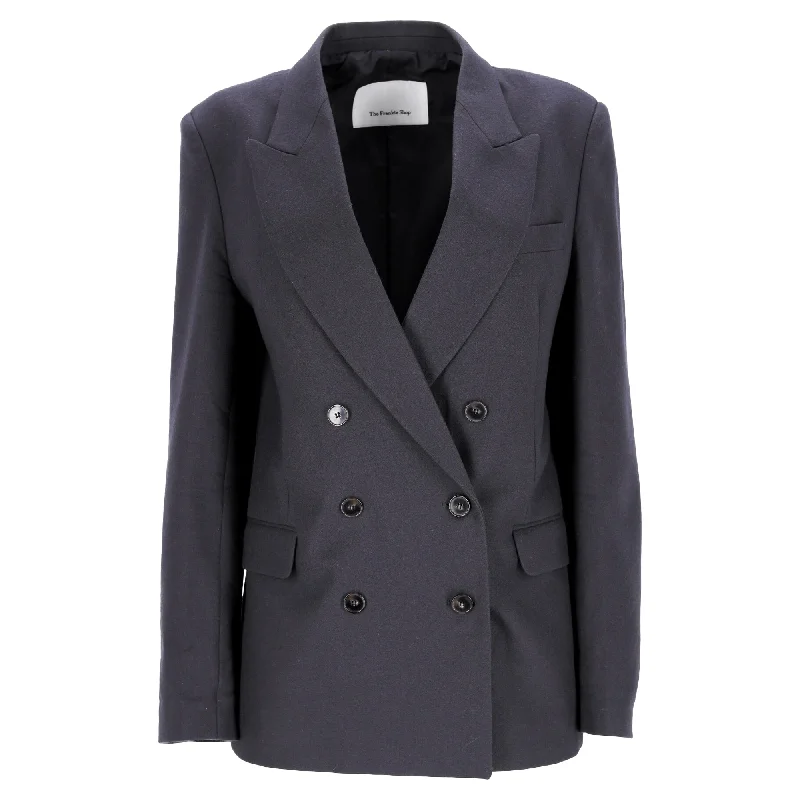 Women’s shearling-lined coats for winter fashion -The Frankie Shop Double-Breasted Blazer in Navy Blue Wool