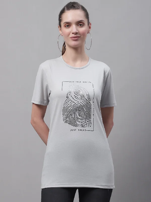 Women’s spaghetti strap tops for warm days -Vimal Jonney Round Neck Cotton Printed Light Grey T-Shirt for Women