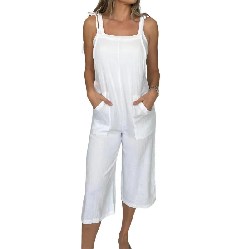 Women’s mid-rise jeans for casual chic -Crop Wide Leg Overalls In White