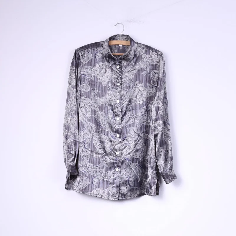 Women’s high-neck tops for stylish warmth -Vintage Women 12 38 Casual Shirt Gray Shiny Shoulder Pads Baroque Print Top