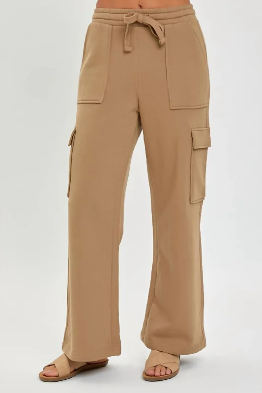 Women’s fit-and-flare pants for flattering silhouette -High Rise Cargo Pocket Wide Pants In Mocha