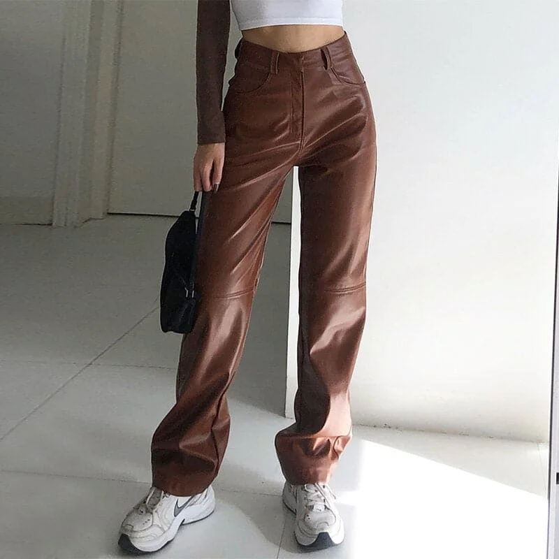 Women’s patterned pants for bold outfits -DressBetty - High Waisted PU Leather Pants Women Jogger Casual Fashion Side Pockets Straight Wide Leg Pants Loose Vintage Brown Trousers