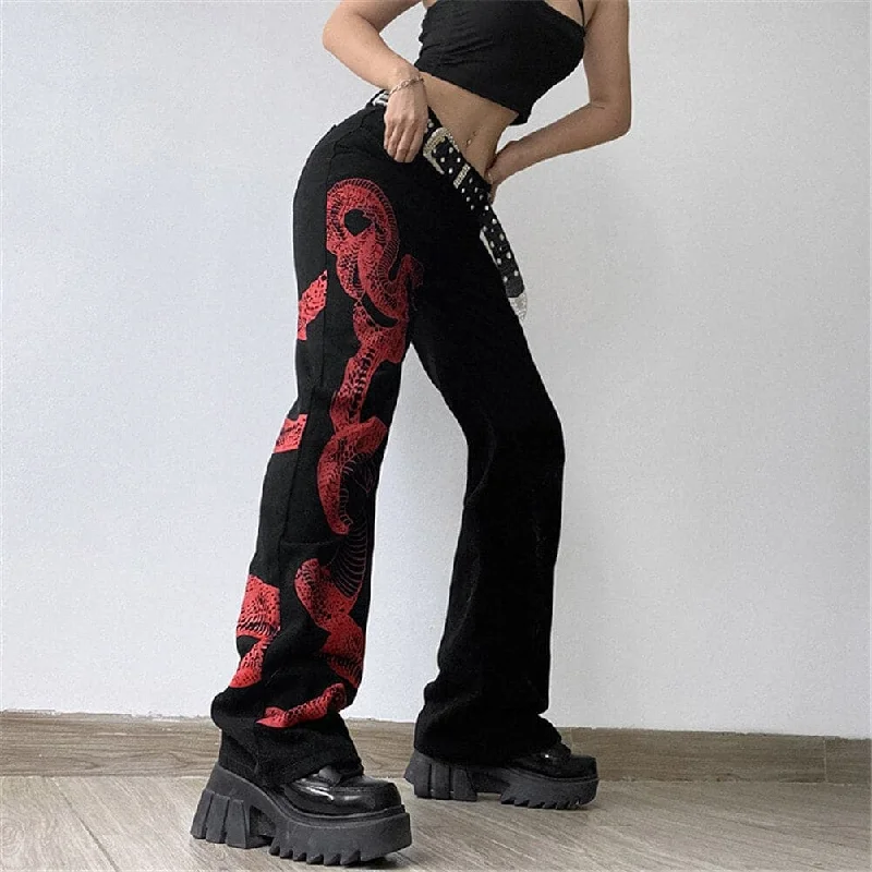 Women’s cropped leggings for active wear -DressBetty - Low Waist Hippie Jeans Long Trousers Women Drawstring Ruched Flare Pants Skin Friendly Comfortable Dark Weird Puss