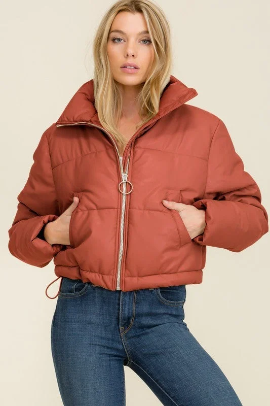 Women’s winter jackets for cold weather -CAMEL FAUX LEATHER CROPPED PUFFER JACKET