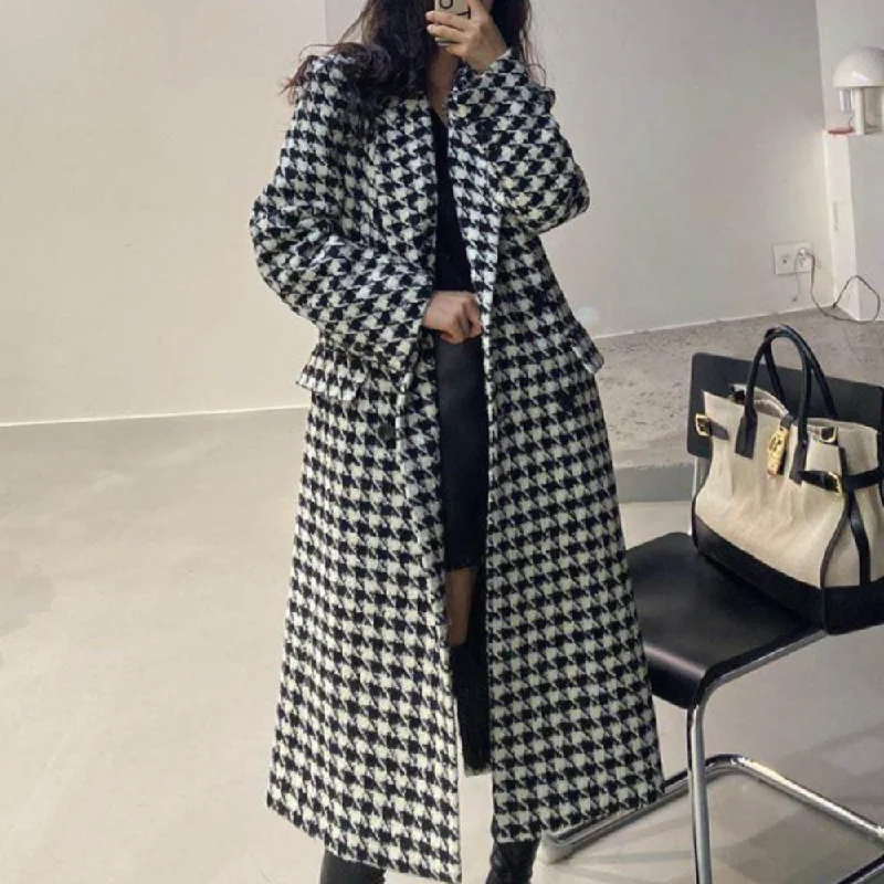 Women’s formal coat jackets for business attire -Womens Houndstooth Pattern Long Coat