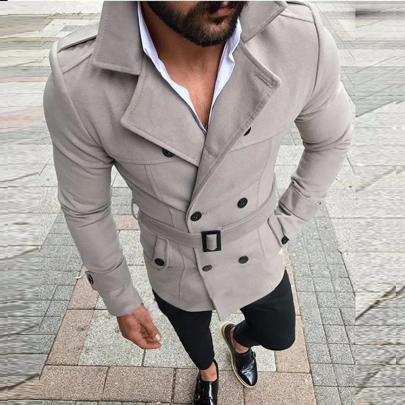 Women’s bomber jackets for casual chic -Wool Trench Coat Outerwear Turn-Down Collar England Double Breasted Slim Fit Wool Overcoat with Belt Men Jacket casaco masculino