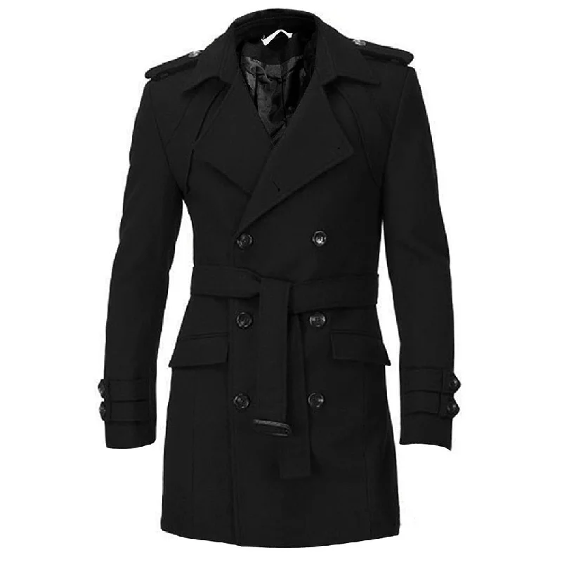 Women’s rain jackets for wet weather protection -Men Epaulets Slim Fit Double Breasted Belted Worsted Coat Trench Winter Long Jacket Double Breasted Overcoat Woolen Outwear