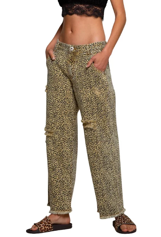 Women’s chino pants for casual comfort -Wide Straight Leg Leopard Print Crop Vintage Denim In Mustard