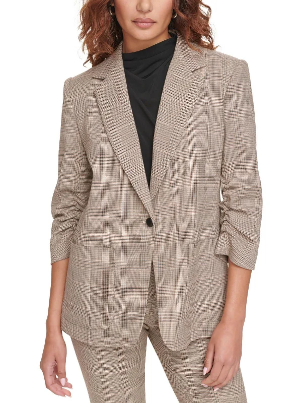 Women’s shearling jackets for winter warmth -Petites Womens Houndstooth Ruched One-Button Blazer