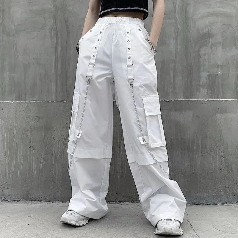 Women’s tapered pants for sleek silhouette -DressBetty - Mall Goth White Cargo Pants Women Gothic Harajuku Hippie Streetwear Chain Punk Loose Trouser Baggy Oversize Korean Style