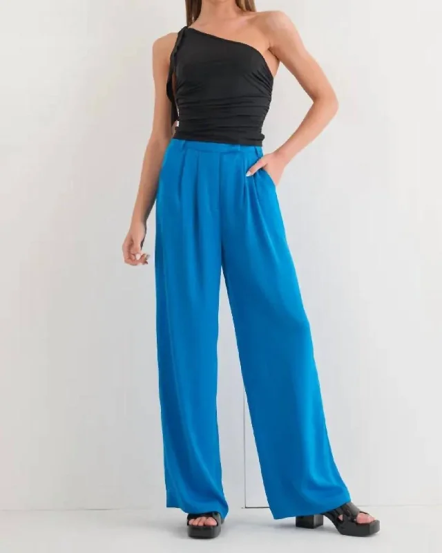 Women’s high-waisted pants for flattering fit -Pin Tuck Wide Leg Pants In Cerulean Blue