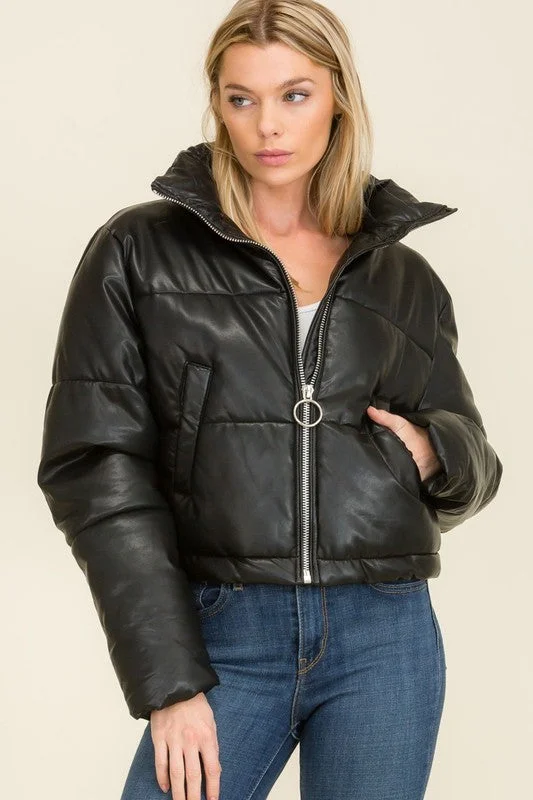 Women’s trench coats for classic fashion -BLACK FAUX LEATHER CROPPED PUFFER JACKET